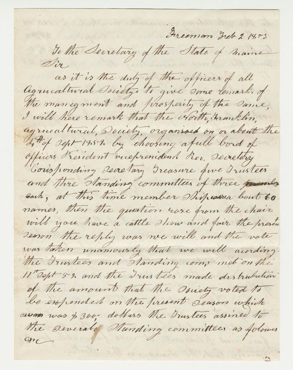Miniature of Statement of Returns on Premiums of the North Franklin Agricultural Society, 1853-02-02