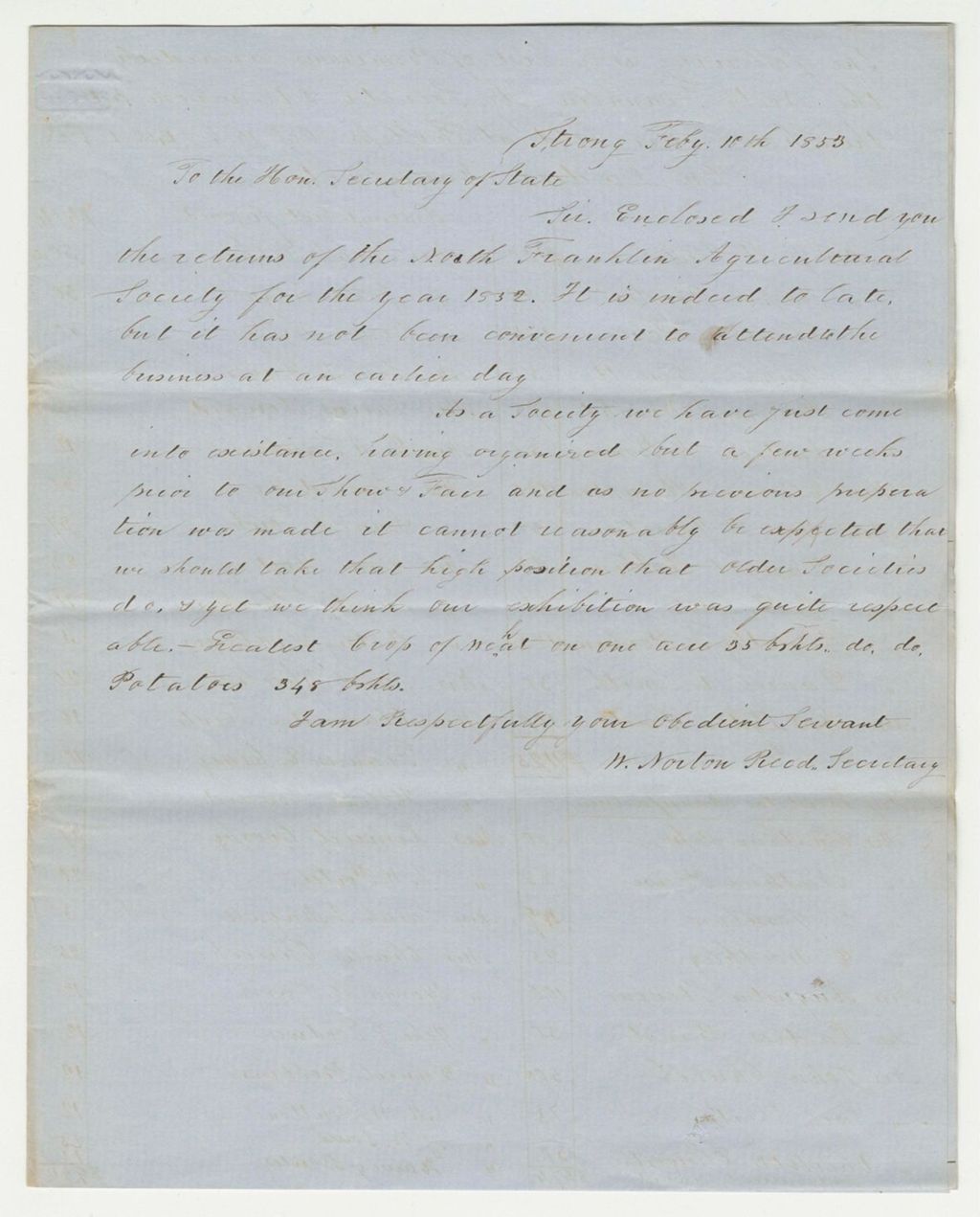 Miniature of Statement of Returns on Premiums of the North Franklin Agricultural Society, 1852-02-10