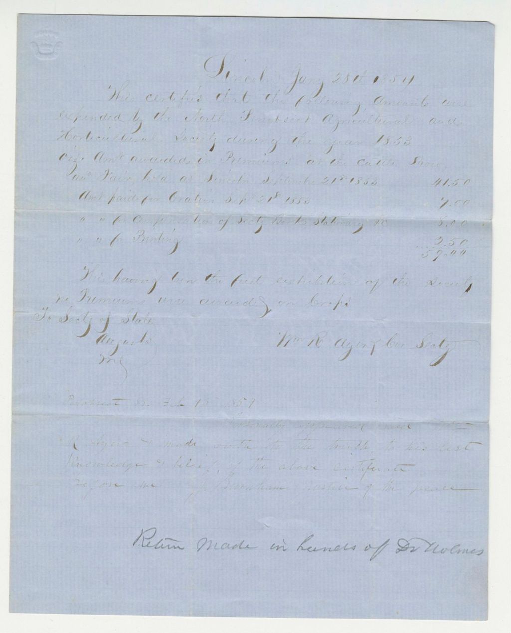 Miniature of Certificate of North Penobscot Agricultural Society, 1834
