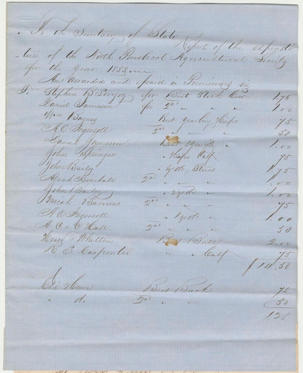 Miniature of Certificate to D.S. Plumley from North Penboscot Agricultural Society, 1834