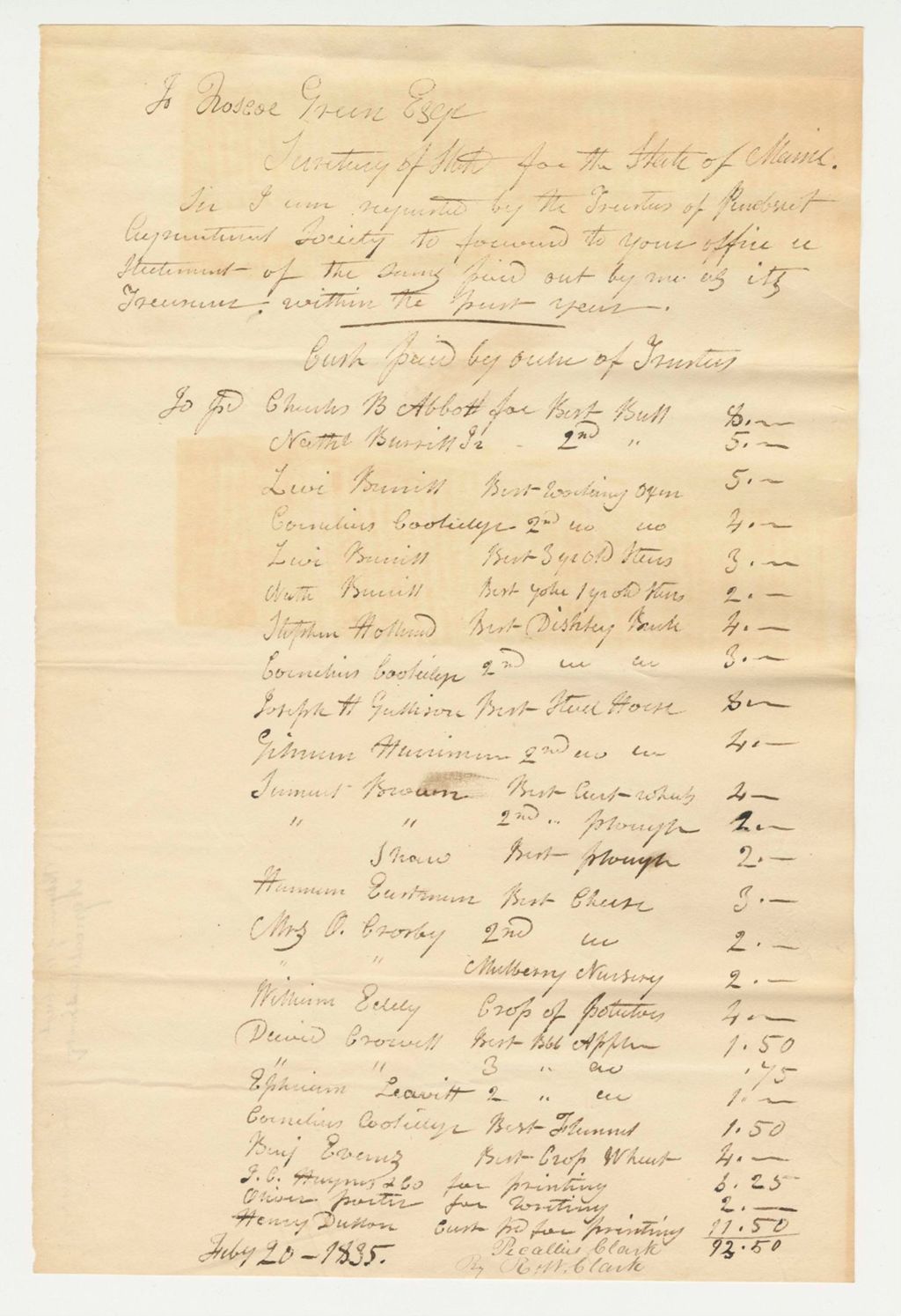 Miniature of Premiums Statement to Roscoe Green, 1835-07-20