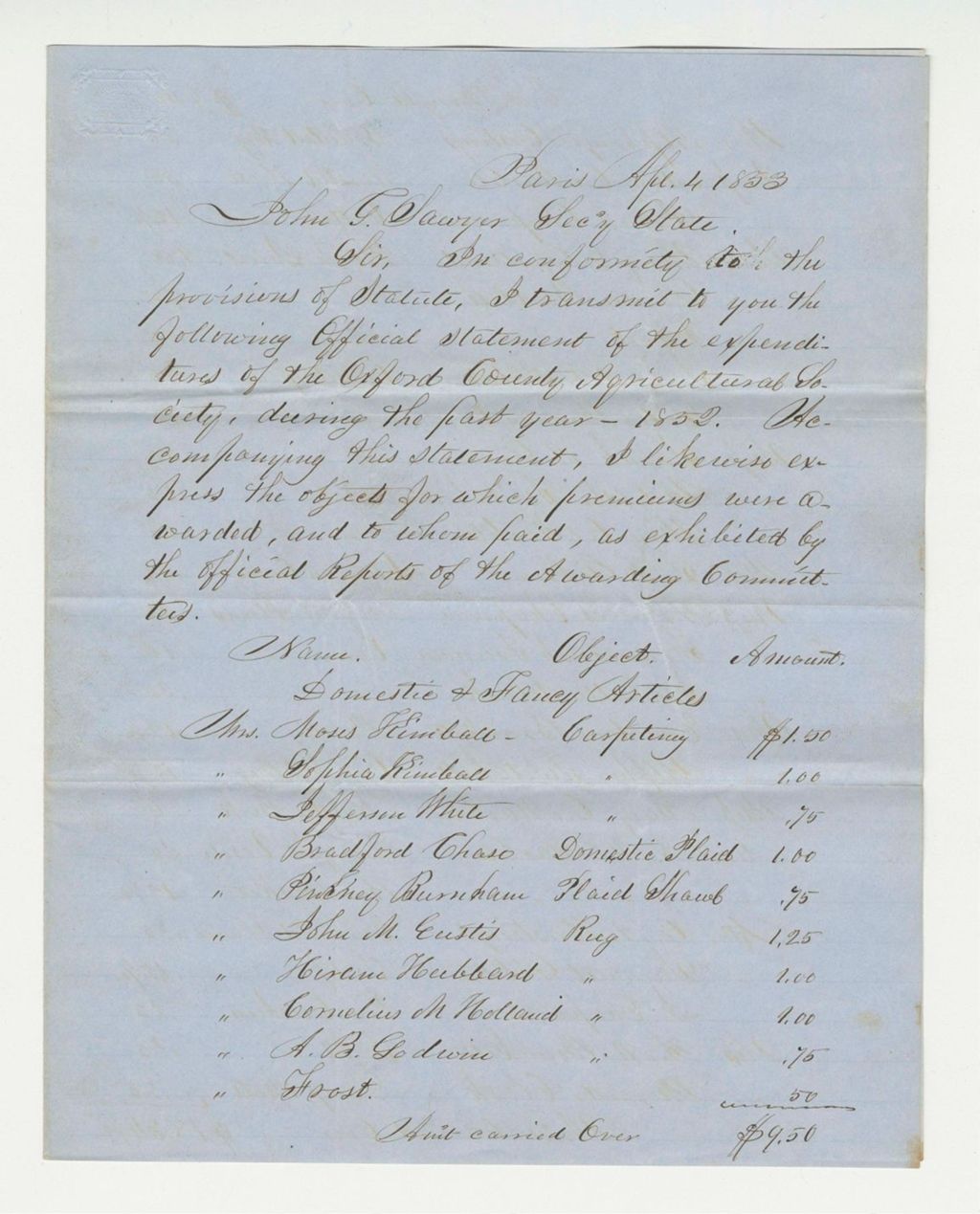 Miniature of Statement of Expenditures of Oxford County Agricultural Society, 1853-04-04