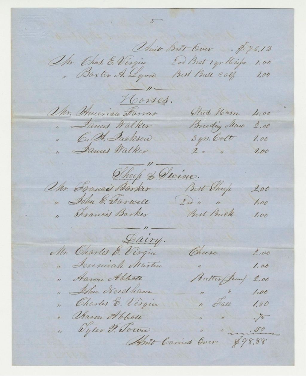 Miniature of Statement of Expenditures of Oxford County Agricultural Society, 1853-04-04