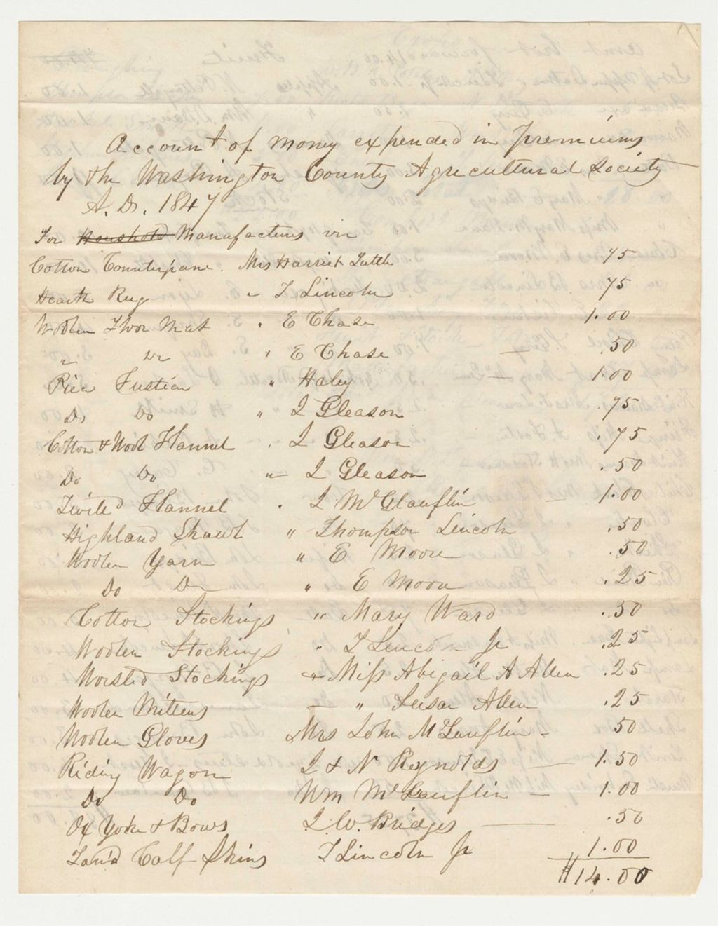 Miniature of Account of Premiums of Washington County Agricultural Society, 1847