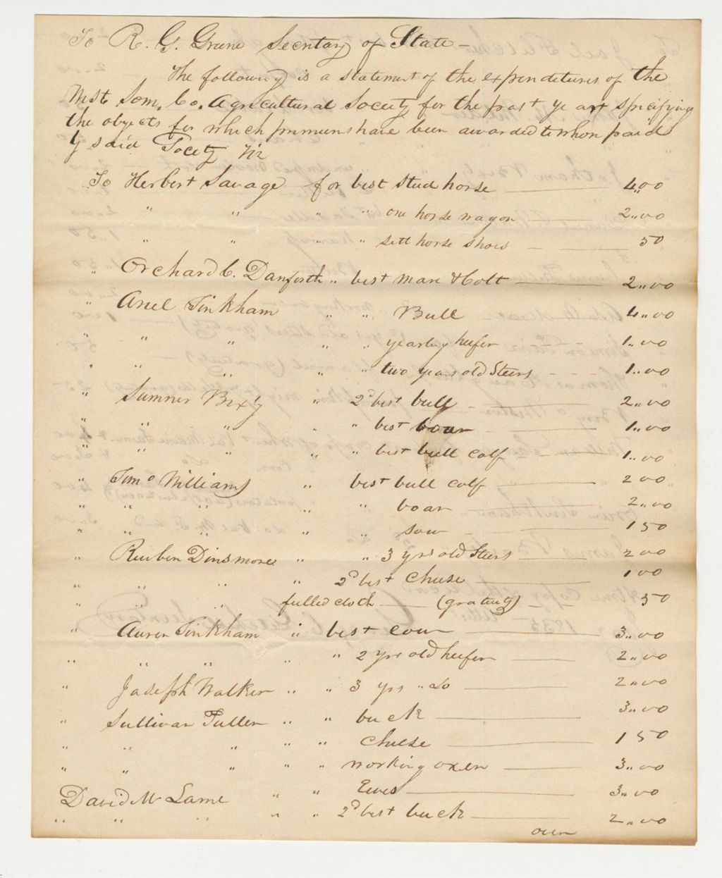 Miniature of Statement of Expenditures of the West Somerset Agricultural Society, 1834-01