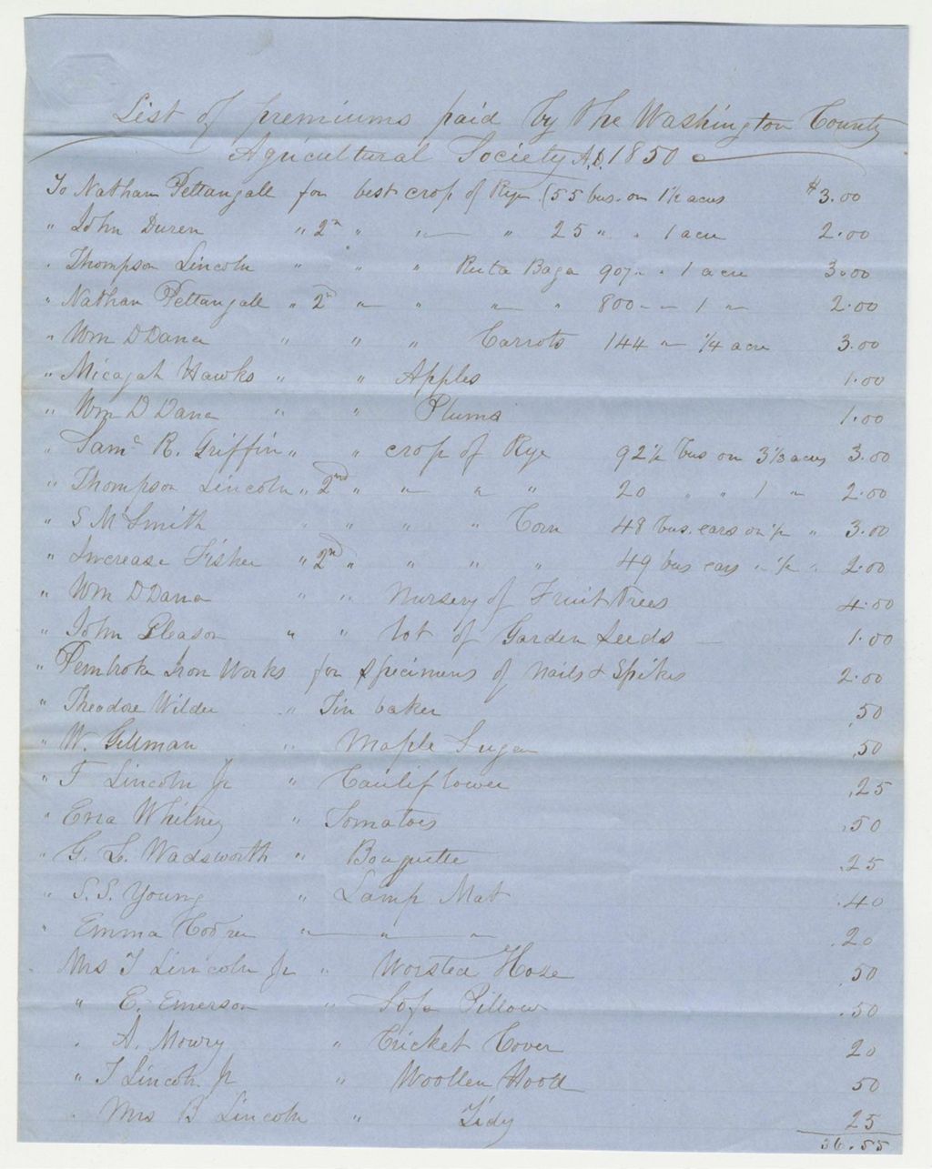 Miniature of List of Premiums Paid by the Washington County Agricultural Society, 1850