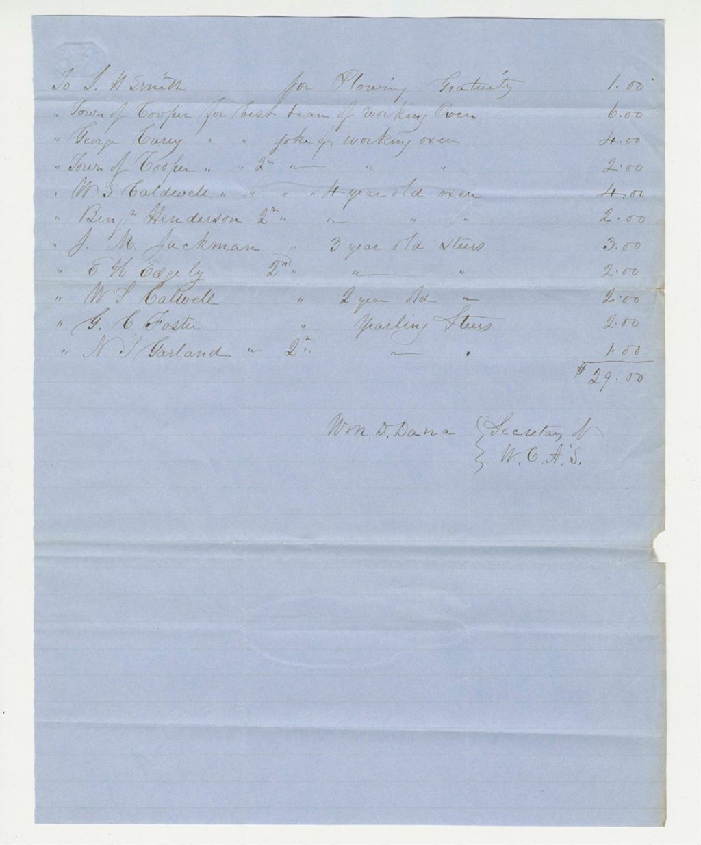 Miniature of List of Premiums Paid by the Washington County Agricultural Society, 1850