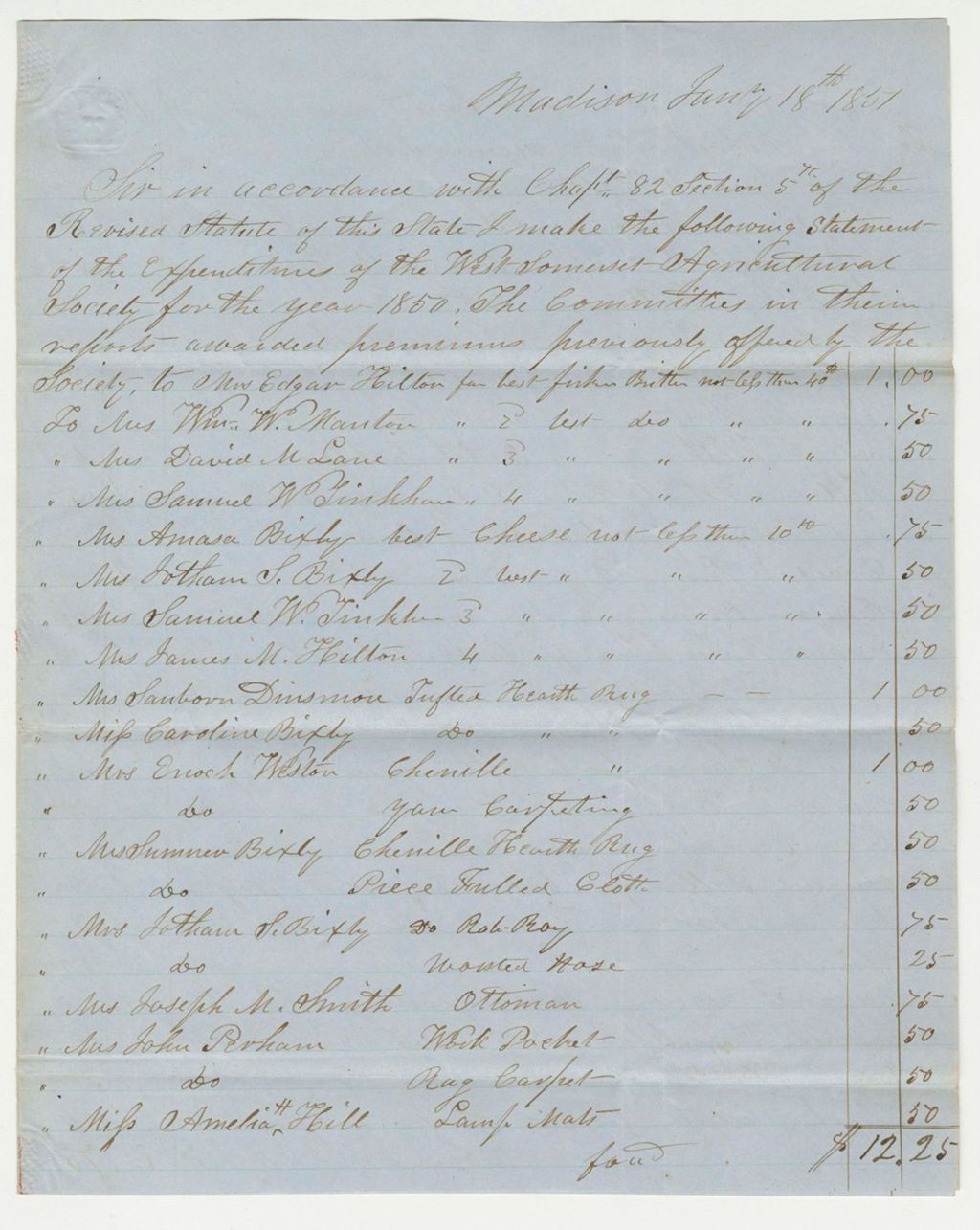 Miniature of Statement of West Somerset Agricultural Society Expenditures, 1851-01-18