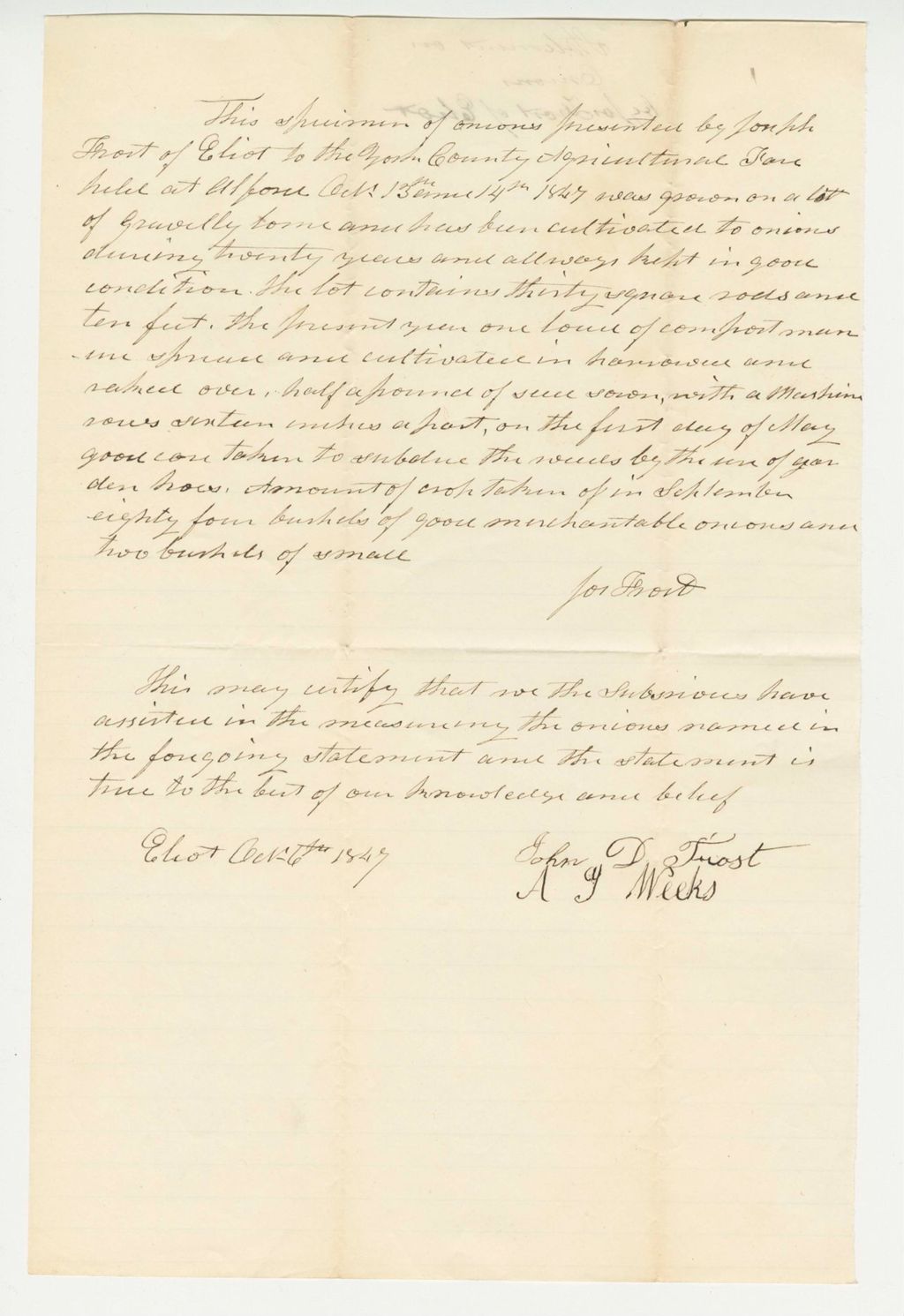 Miniature of Statement of John Frost on Onions, 1847-11-06