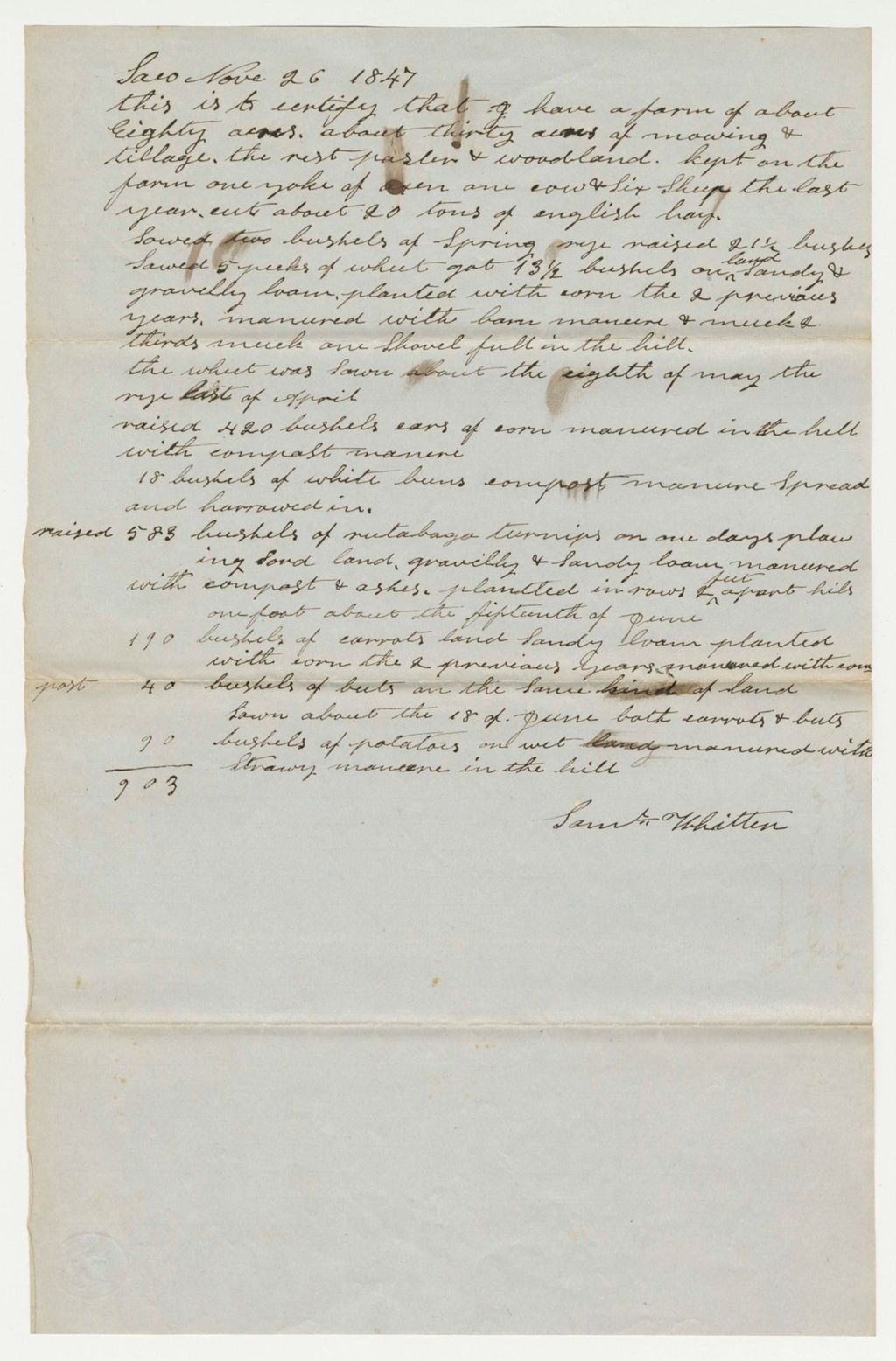Miniature of Statement on Whitten Farm, 1847-11-26