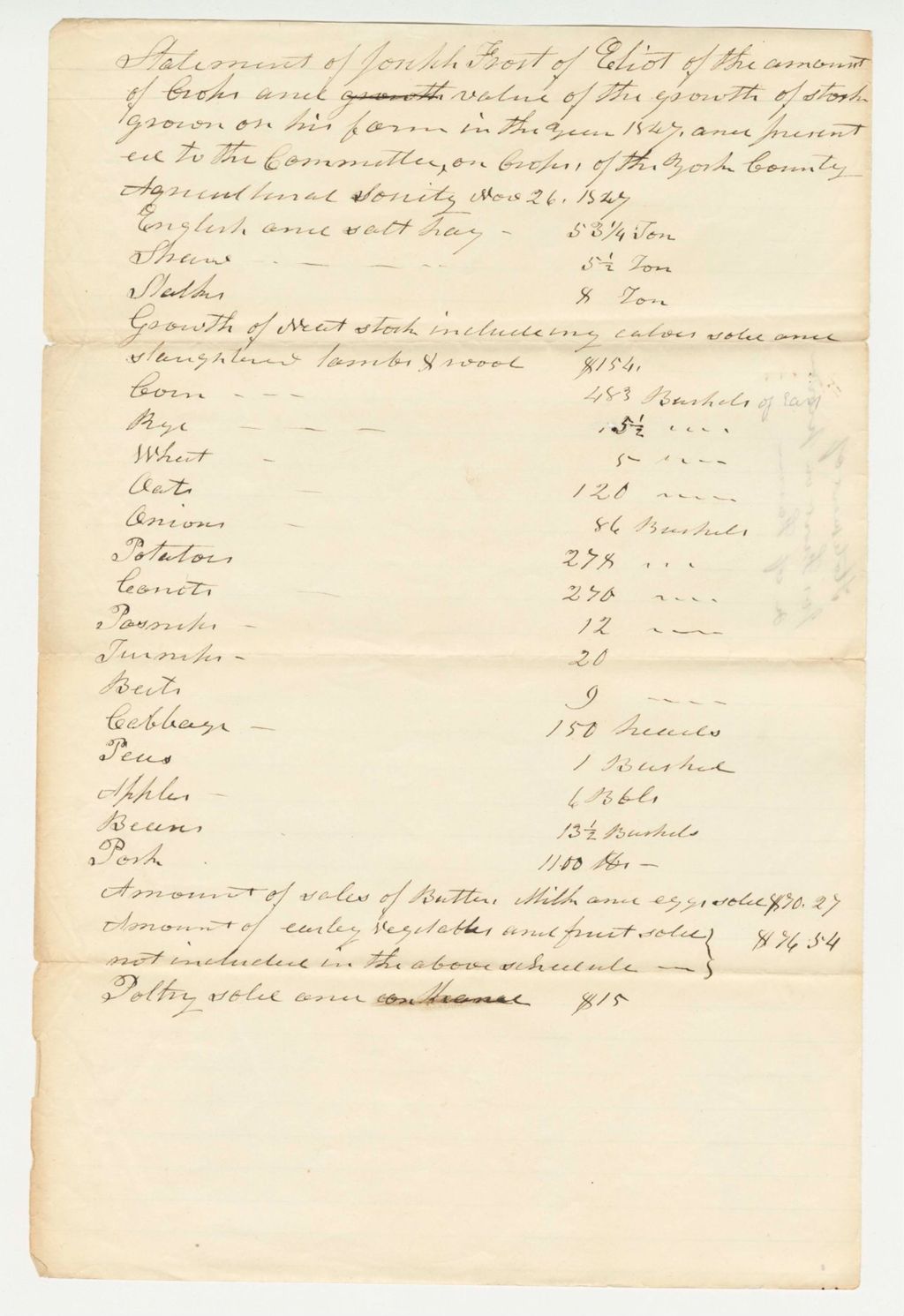 Miniature of Statement of John Frost on Crop Amounts, 1847-11-26