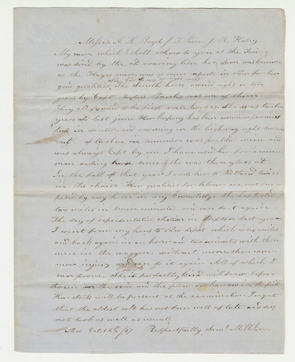 Miniature of Description of Samuel Miller's Horse, 1847-10-12