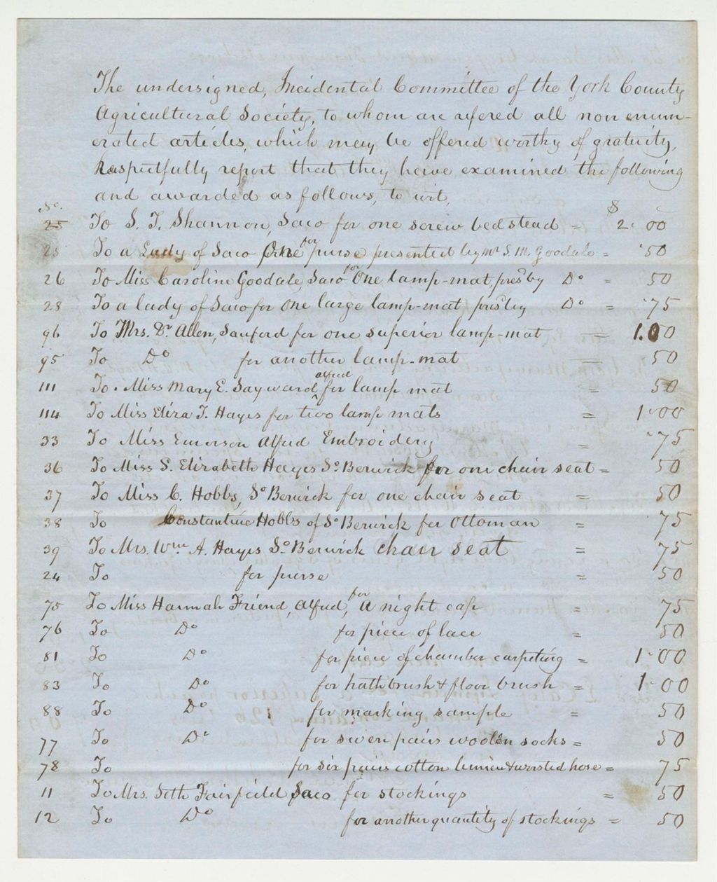Miniature of Awards Report of Incidental Committee of York County Agricultural Society, 1847