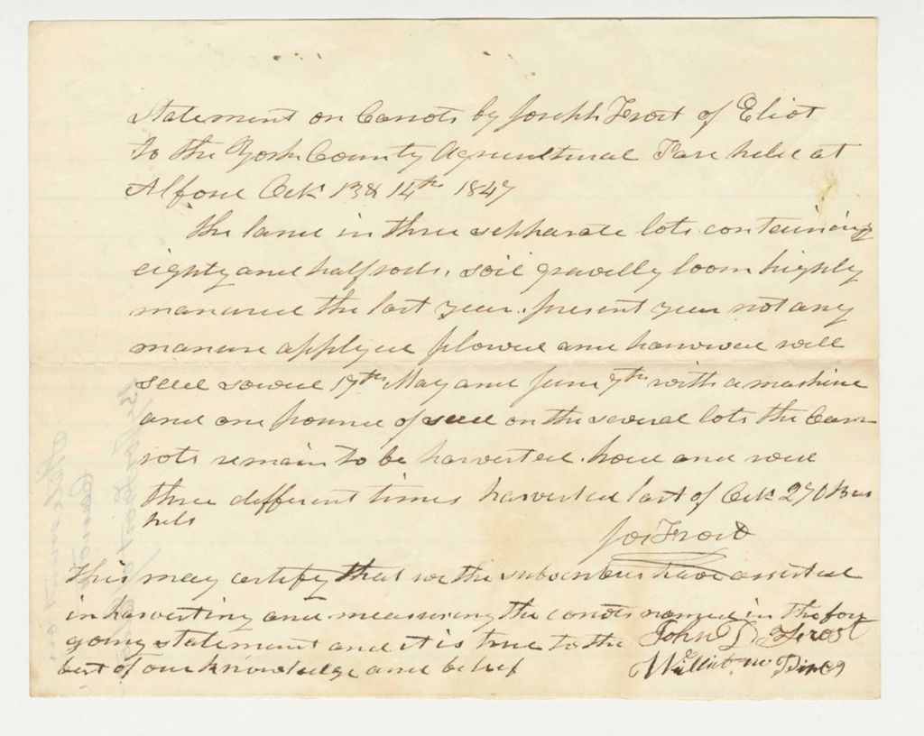 Miniature of Statement of John Frost on Carrots, 1847-10-13