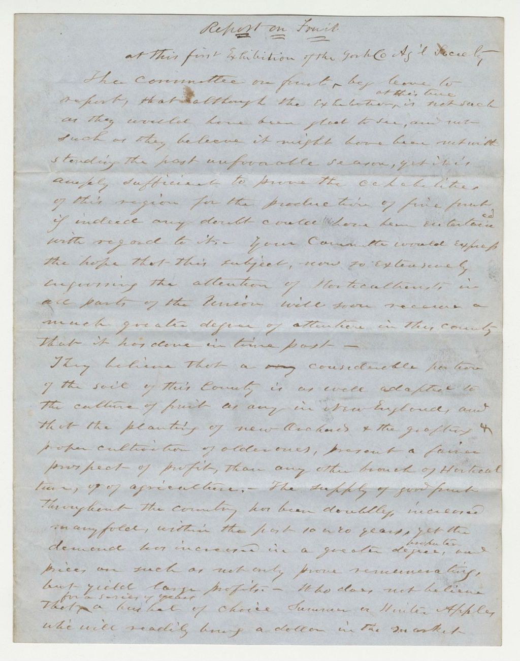 Miniature of Report on Fruit from the Agricultural Society Exhibition, 1847