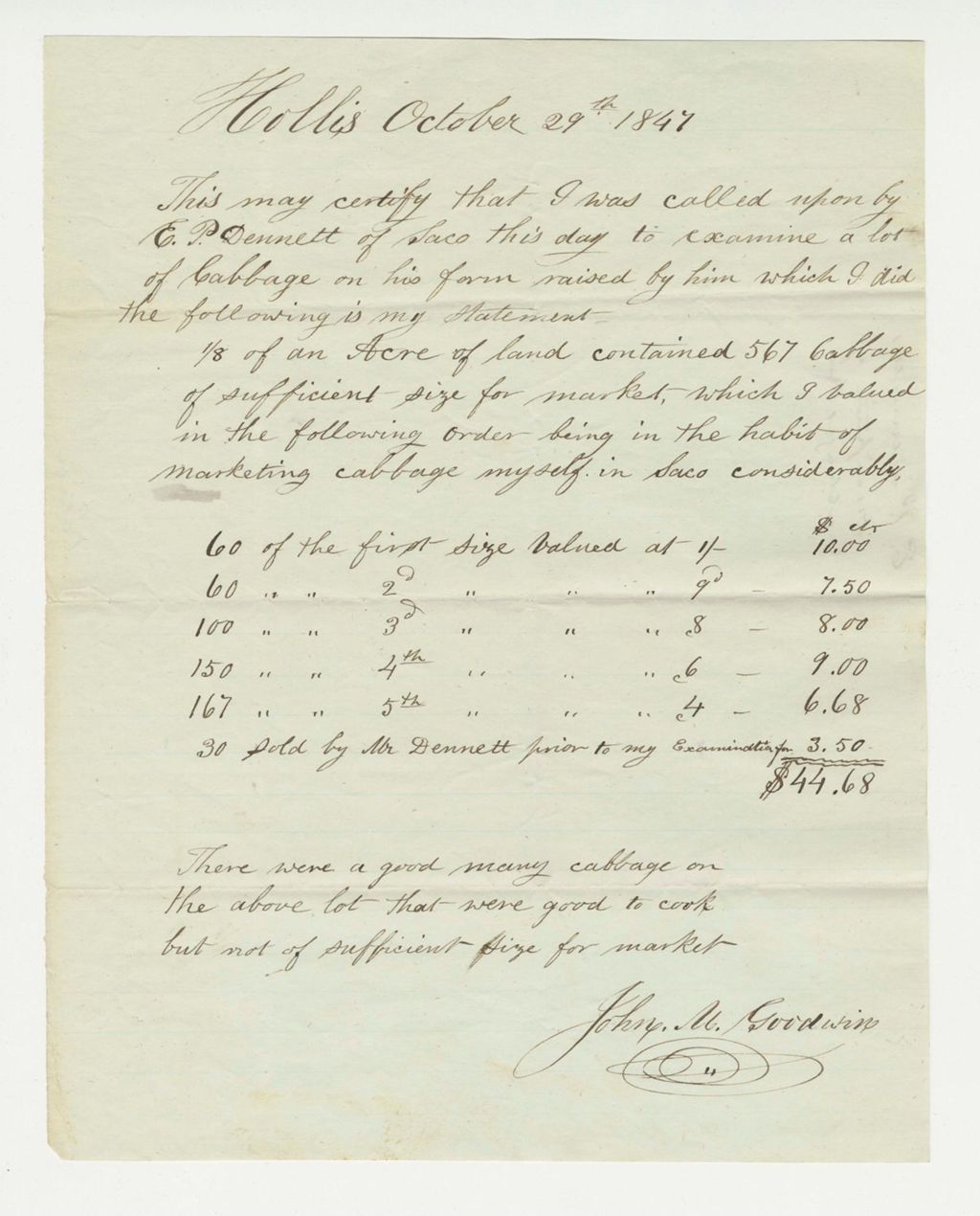 Miniature of Statement of John Goodwin for E. Dennett on Cabbages, 1847-10-29