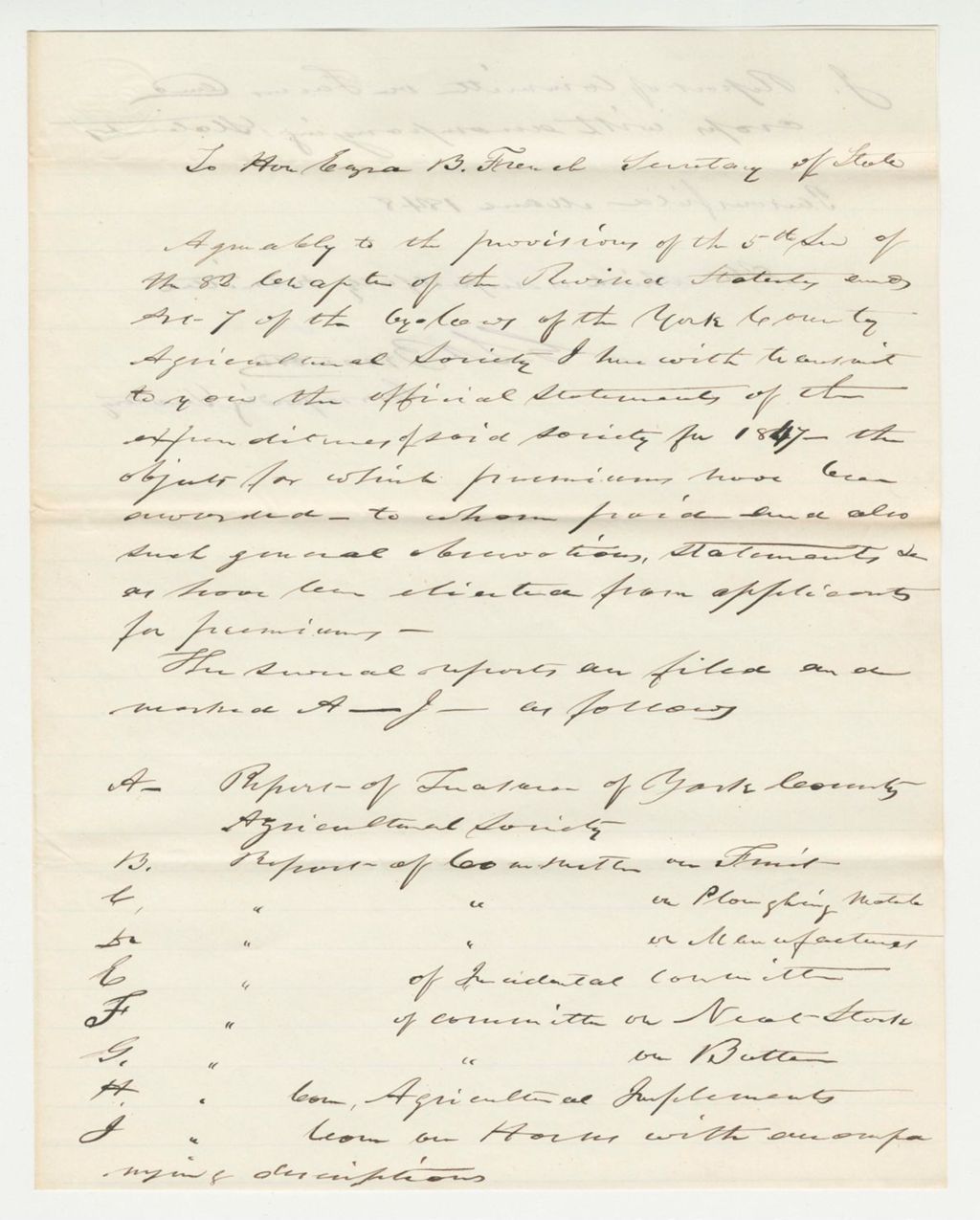 Miniature of Report of Treasurer of York Co. Agricultural Society, 1847