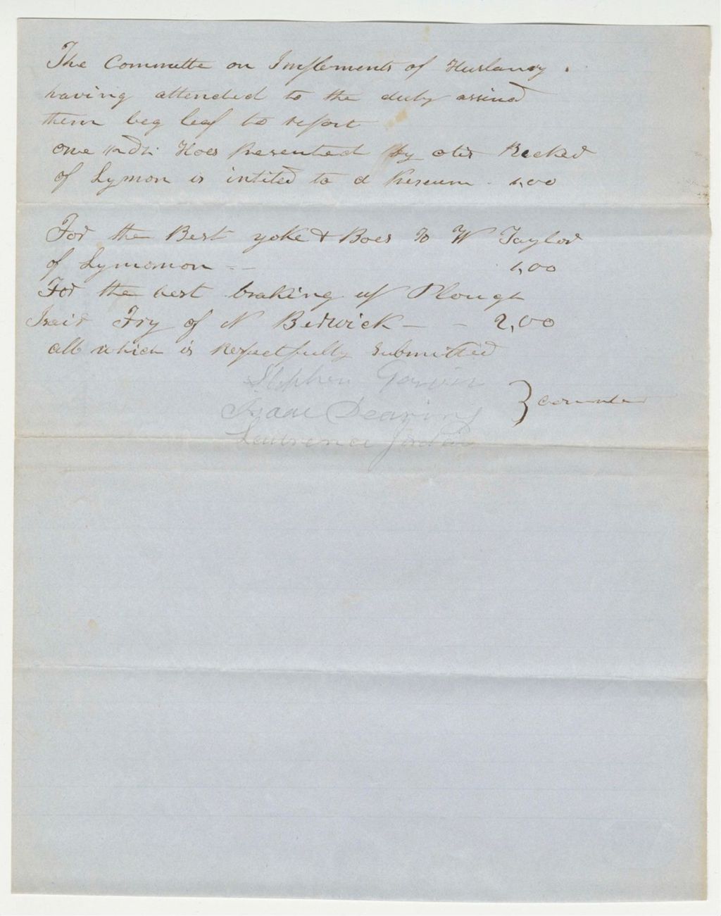 Miniature of Report on Committee of Agricultural Implements, 1847