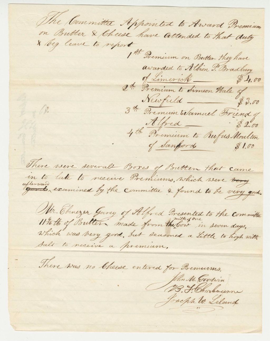 Miniature of Report of Committee on Butter, 1847