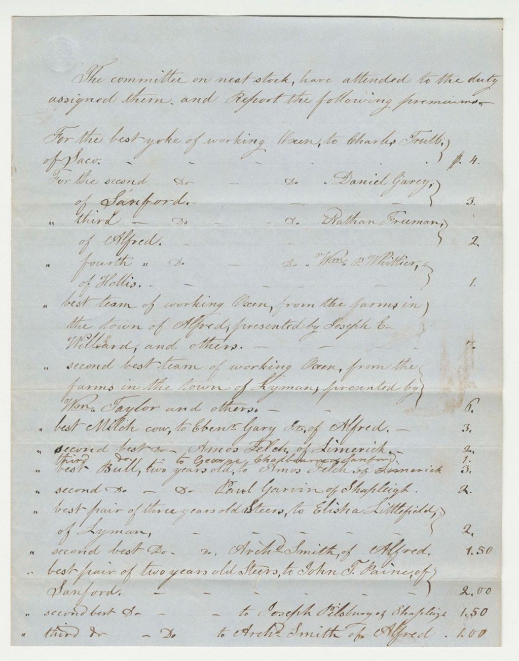 Miniature of Report of Committee on Meat Stock, 1847-10-14