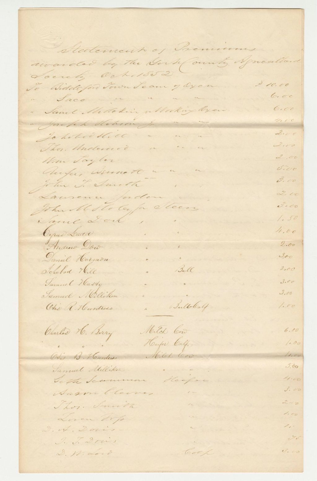 Miniature of Statement of Premiums Awarded, 1853-01-19