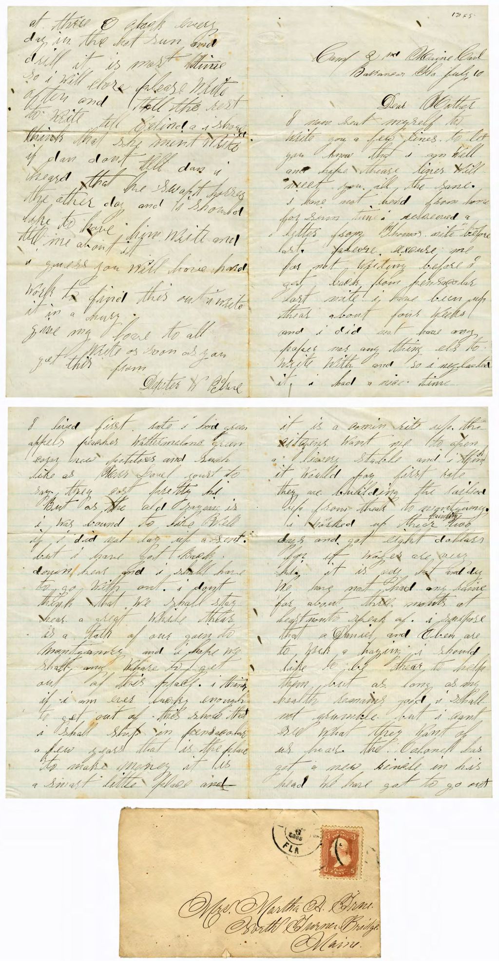 Miniature of Dexter True to Mother, July 10, 1865, Barrancas, FL