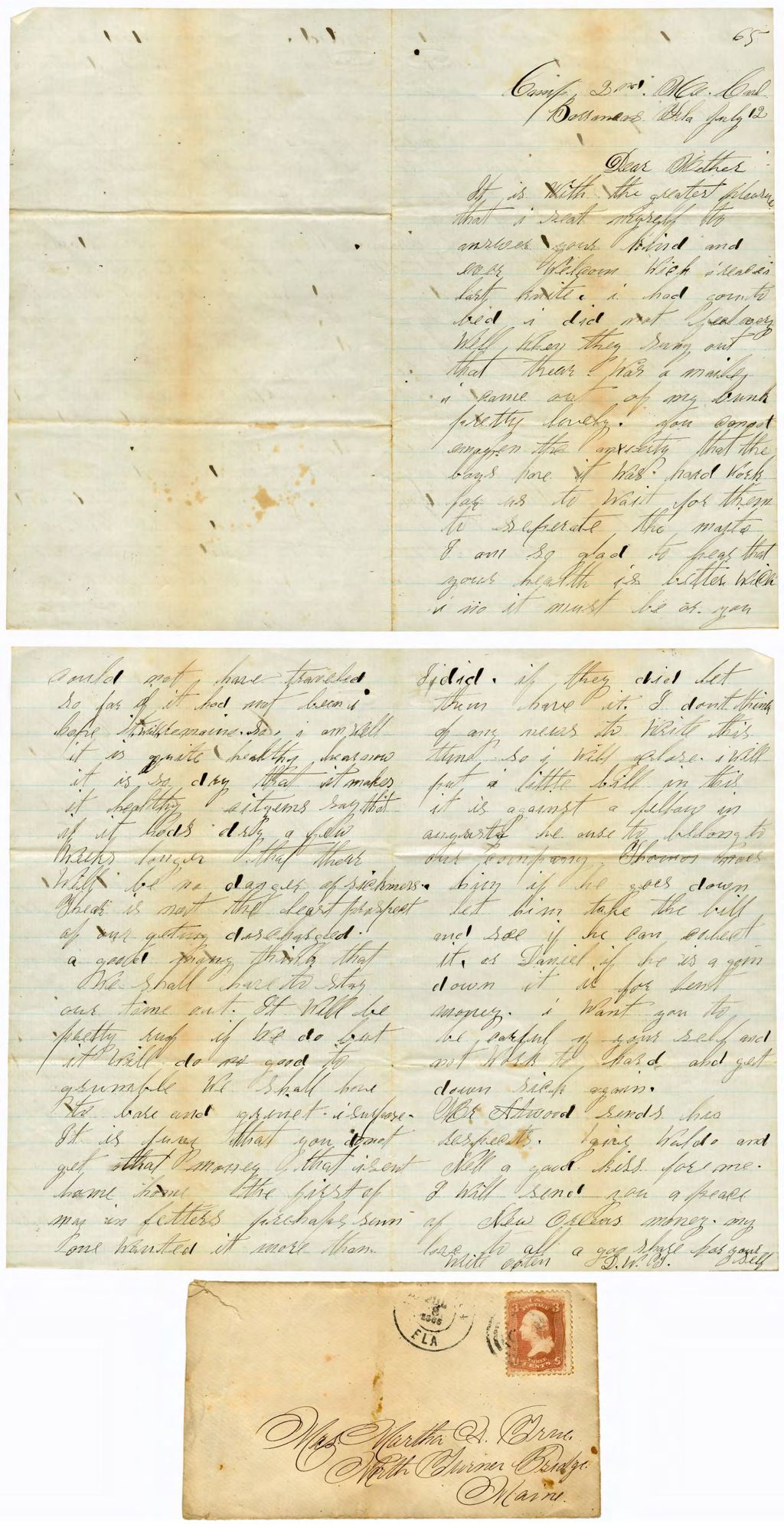 Miniature of Dexter True to Mother, July 12, 1865, Barrancas, FL