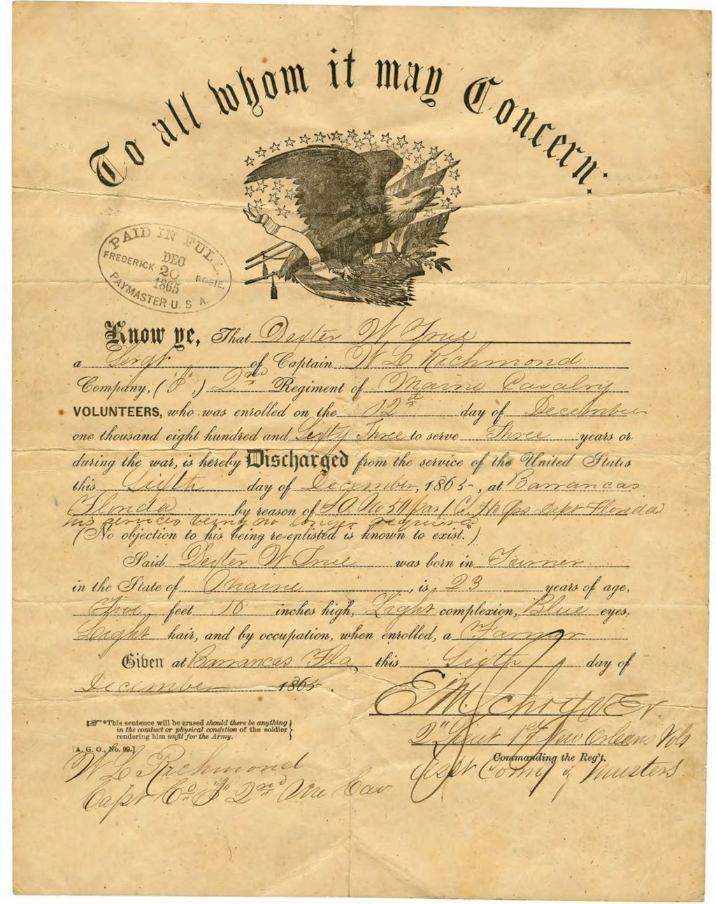 Miniature of Dexter True, discharge certificate, December 6, 1865