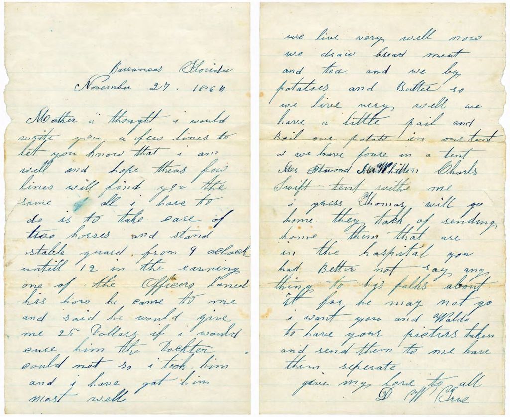 Miniature of Dexter True to Mother, November 27, 1864, Barrancas, FL