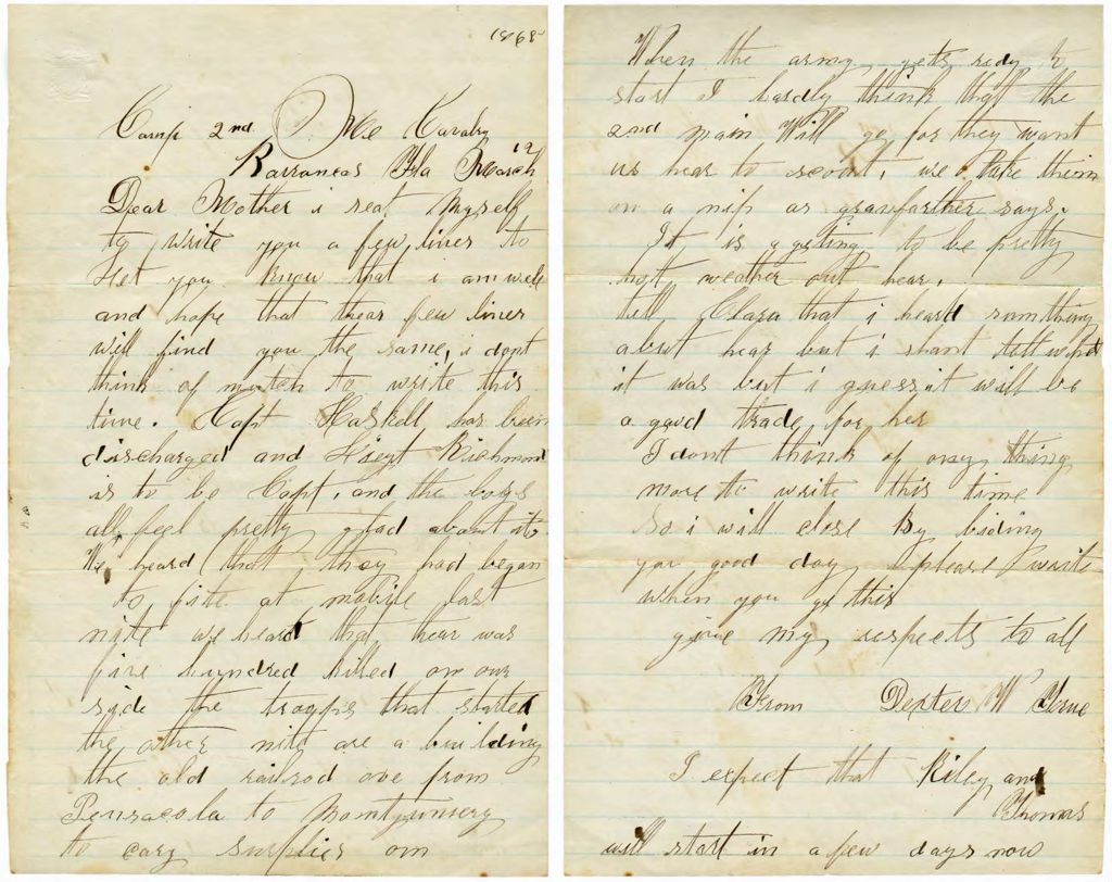 Miniature of Dexter True to Mother, March 12, 1865, Barrancas, FL