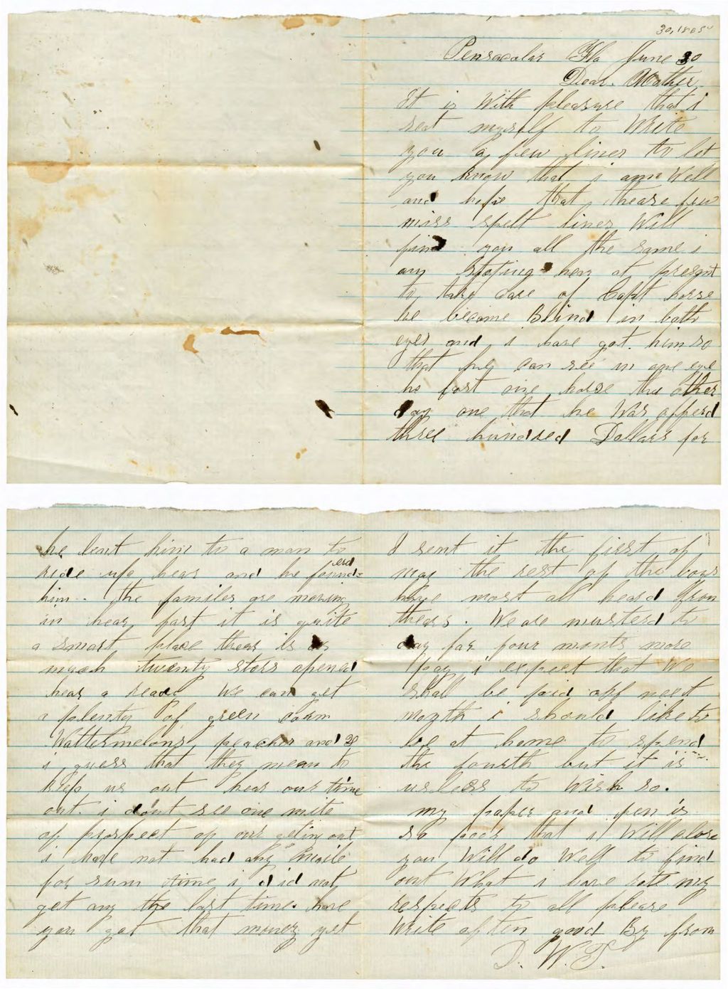 Miniature of Dexter True to Mother, June 30, 1865, Barrancas, FL