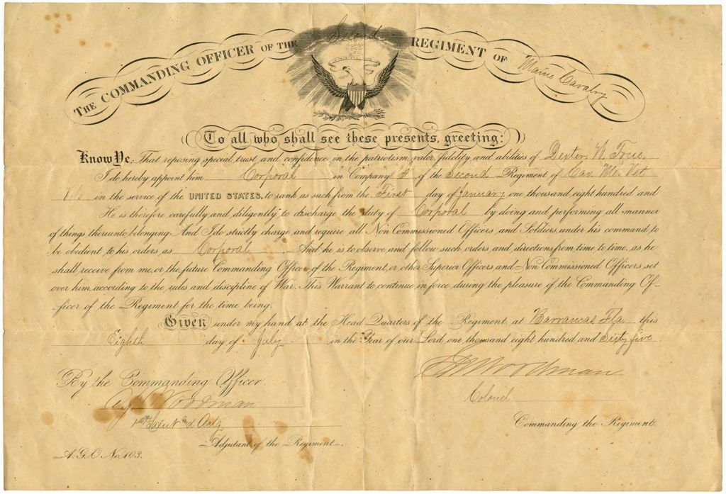 Miniature of Dexter True, appointment to Corporal certificate, July 8, 1865