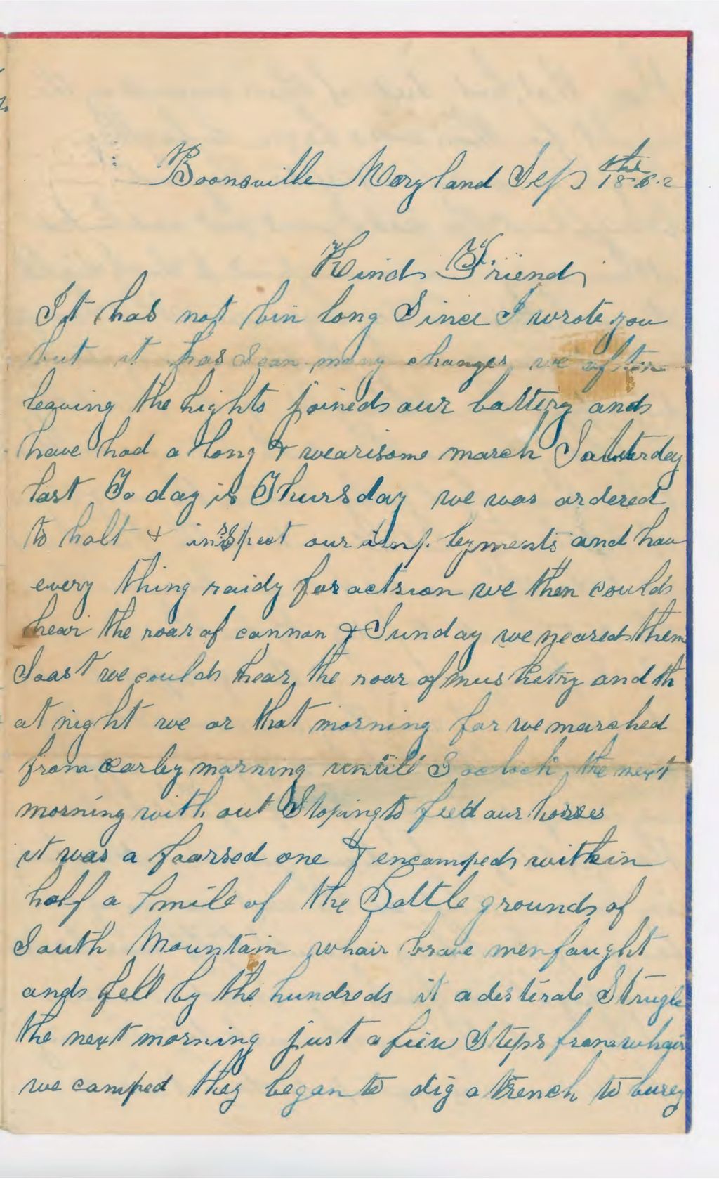 Miniature of Letter of Charles R. Brown of Carroll, ME, 6th Maine Battery, written September 18, 1862, about Battle of Antietam (also known as Battle of Sharpsburg)