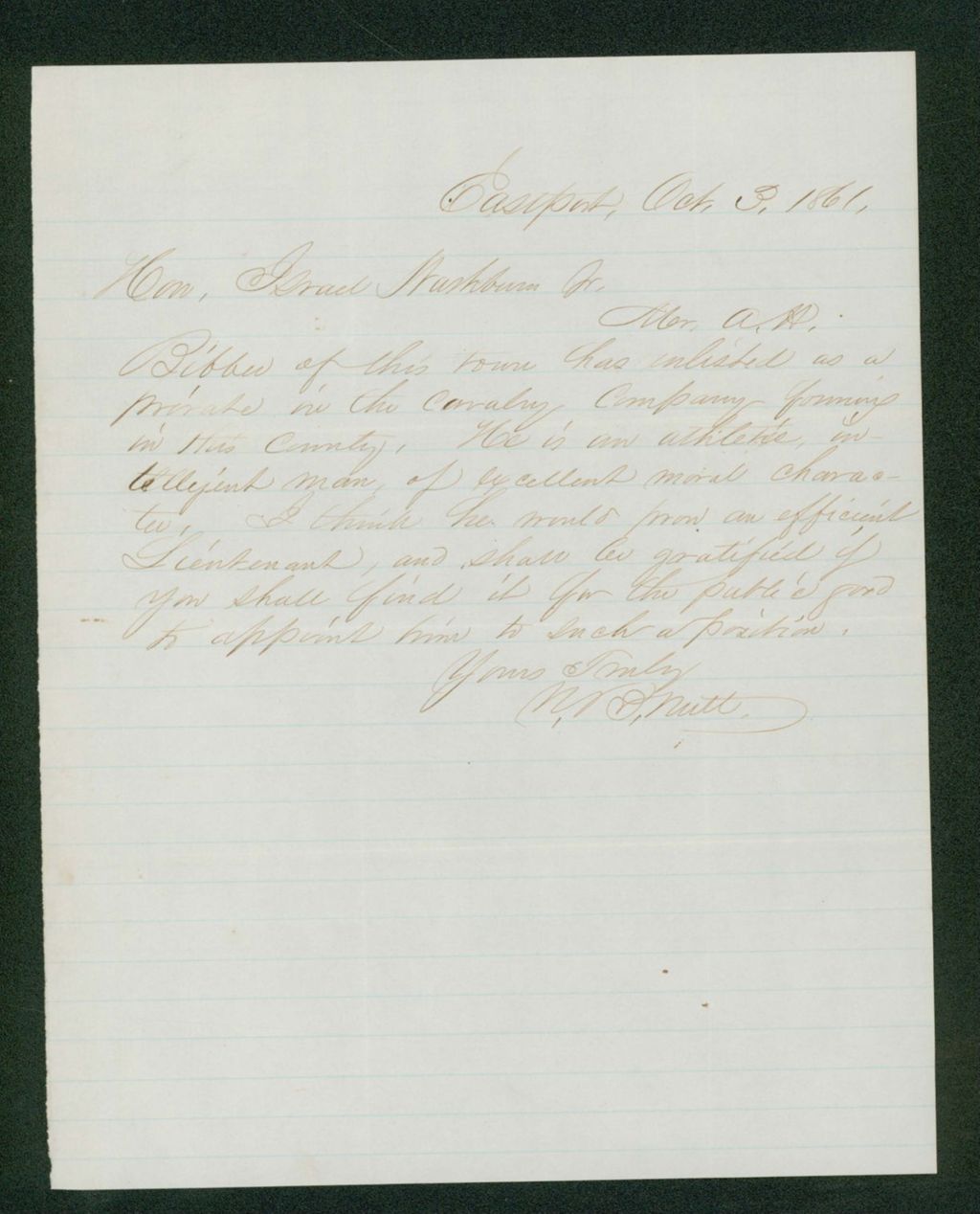 Miniature of Mr. Nutt recommends A.H. Bibber for a position in the cavalry