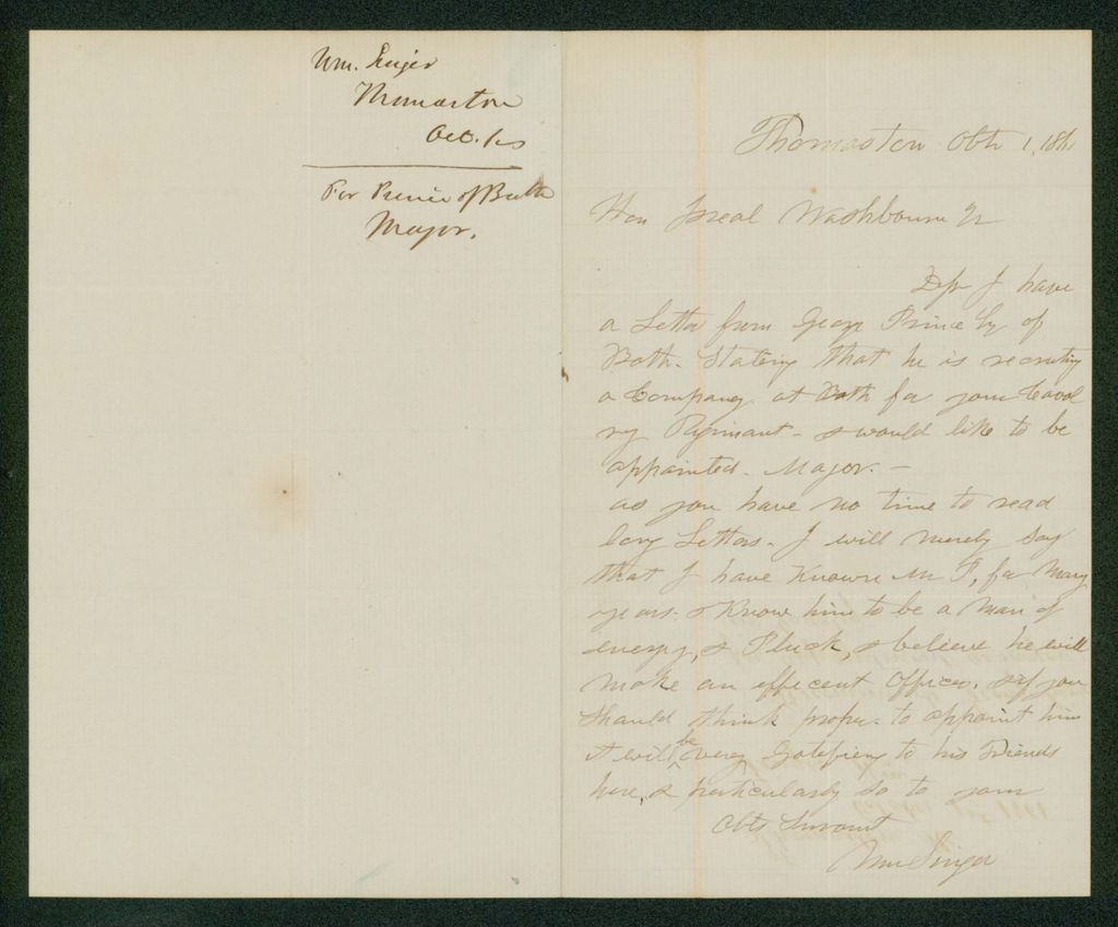 Miniature of William Singer recommends George Prince for appointment as major