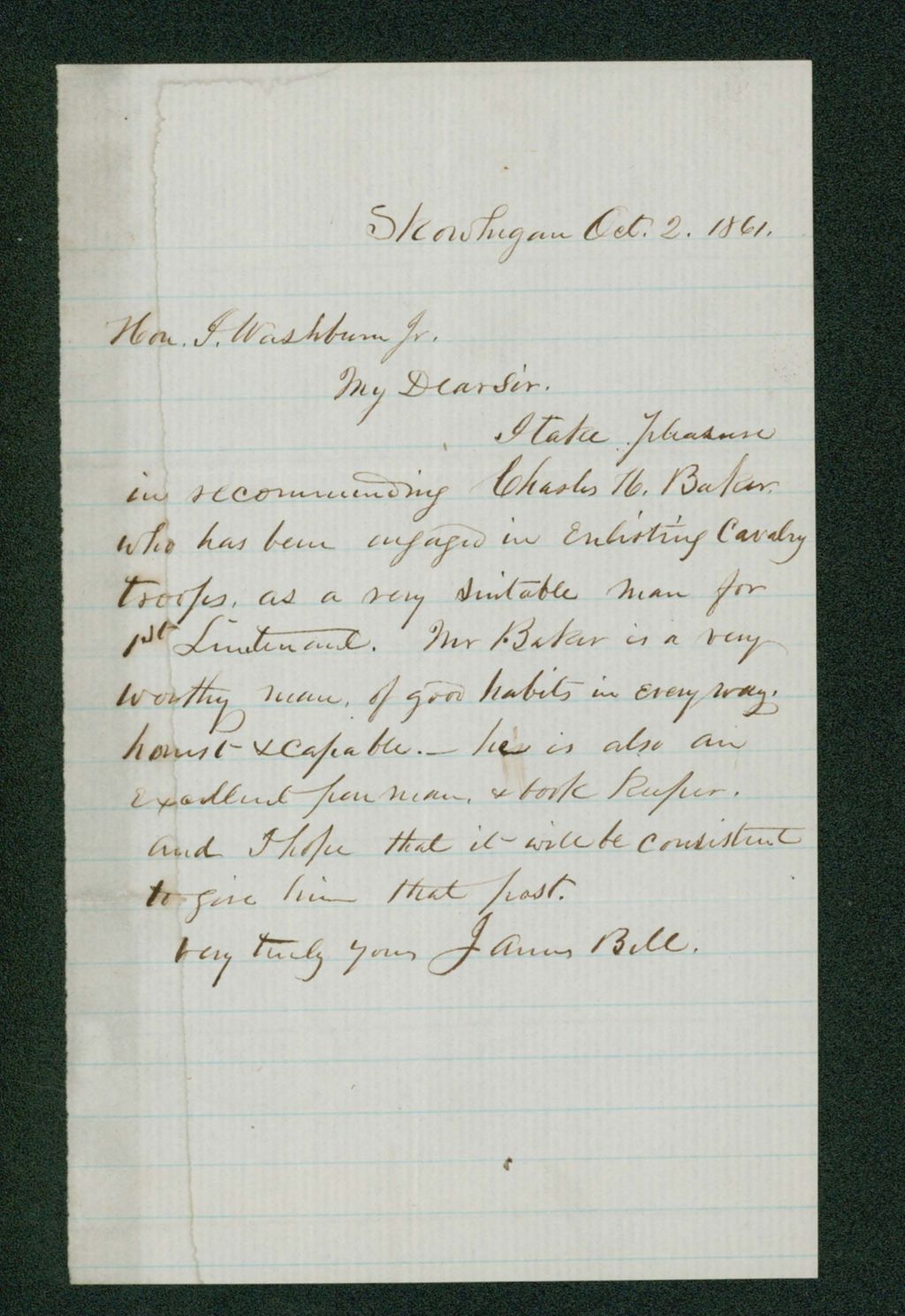 Miniature of James Bill recommends Charles H. Baker for position as lieutenant