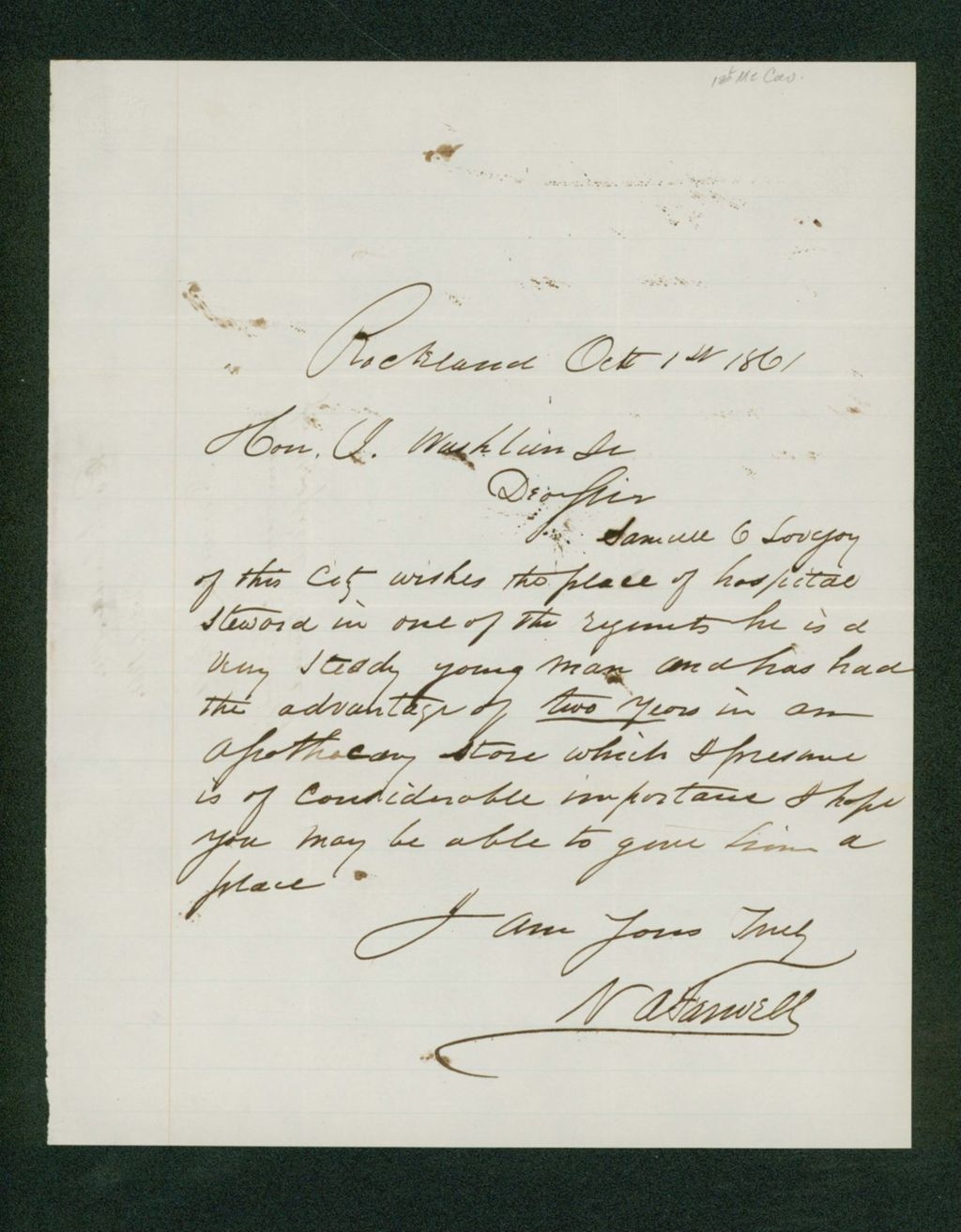 Miniature of N.A. Farwell recommends Samuel C. Lovejoy for position as hospital steward