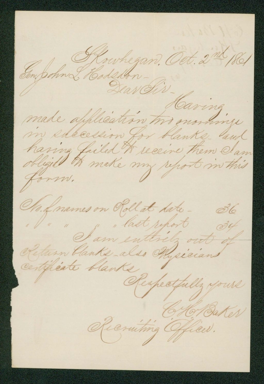Miniature of Charles H. Baker, recruiting officer, forwards his report to Adjutant General John Hodsdon