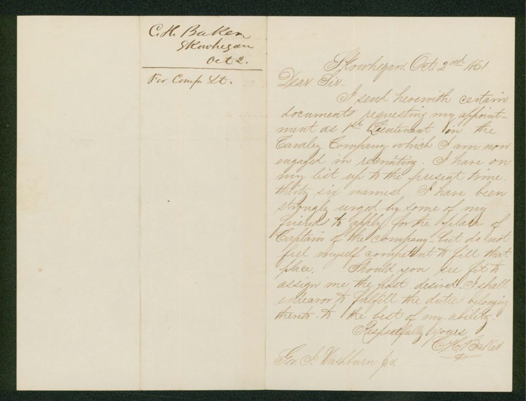 Miniature of Charles H. Baker writes Governor Washburn about his appointment as Lieutenant