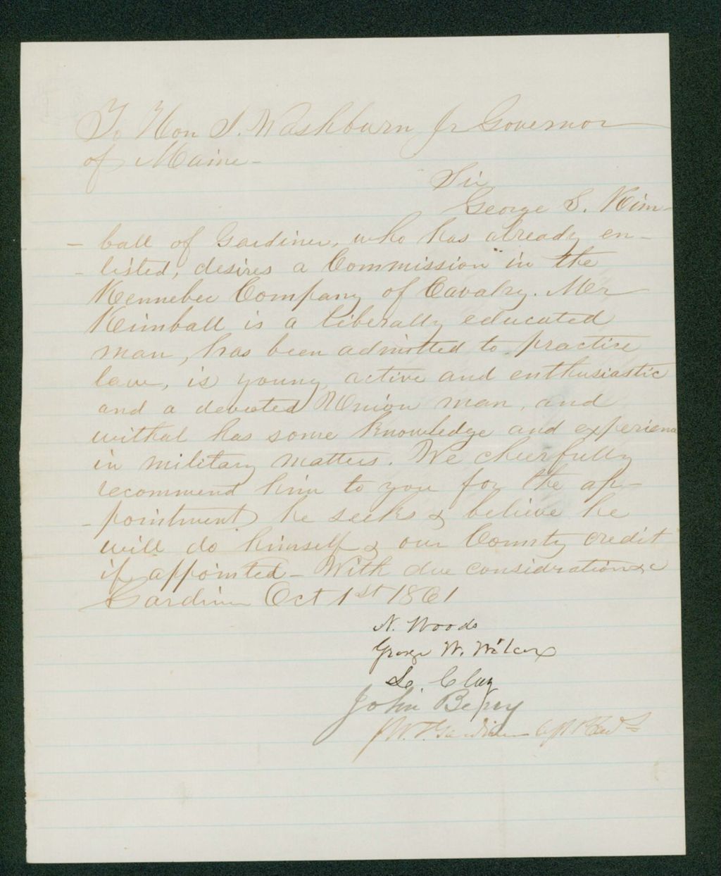 Miniature of N. Woods and others recommend George S. Kimball for appointment
