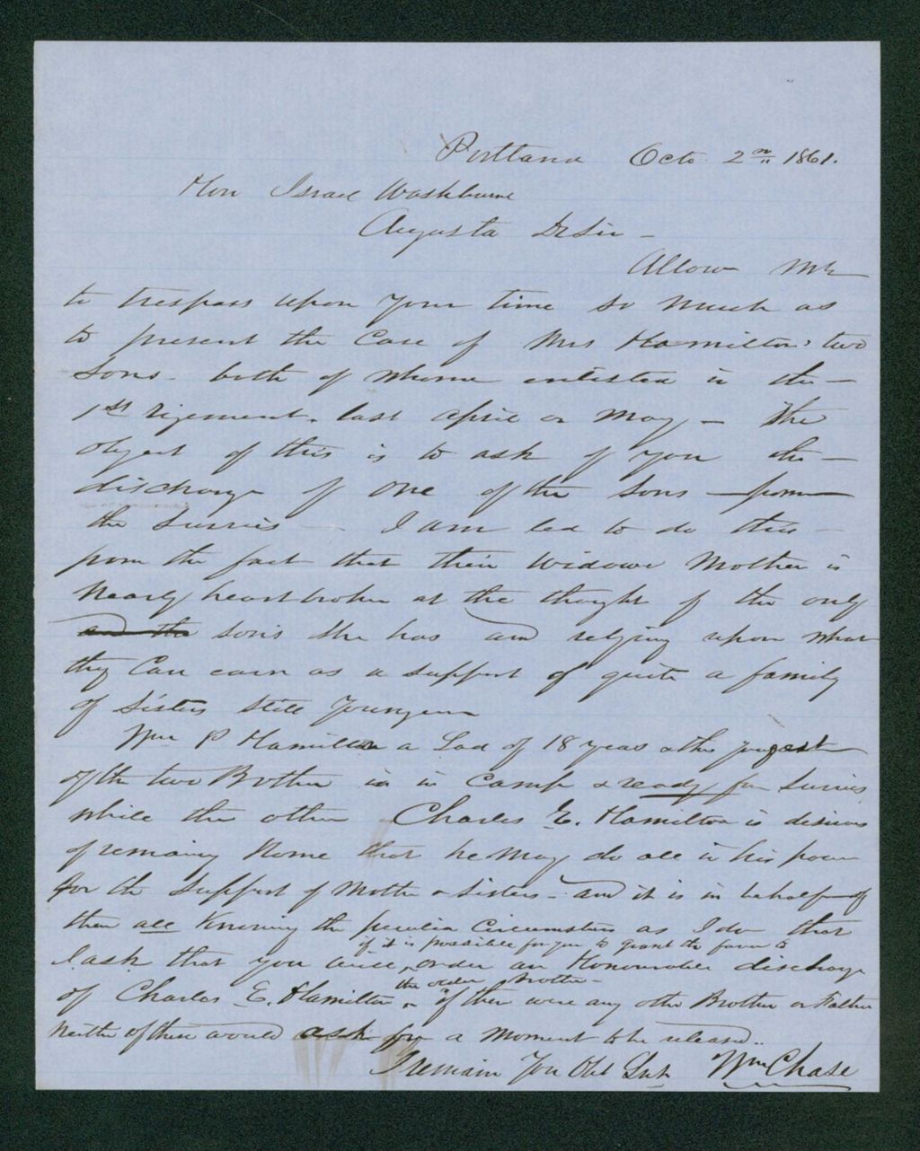 Miniature of William Chase asks for an honorable discharge for Charles Hamilton