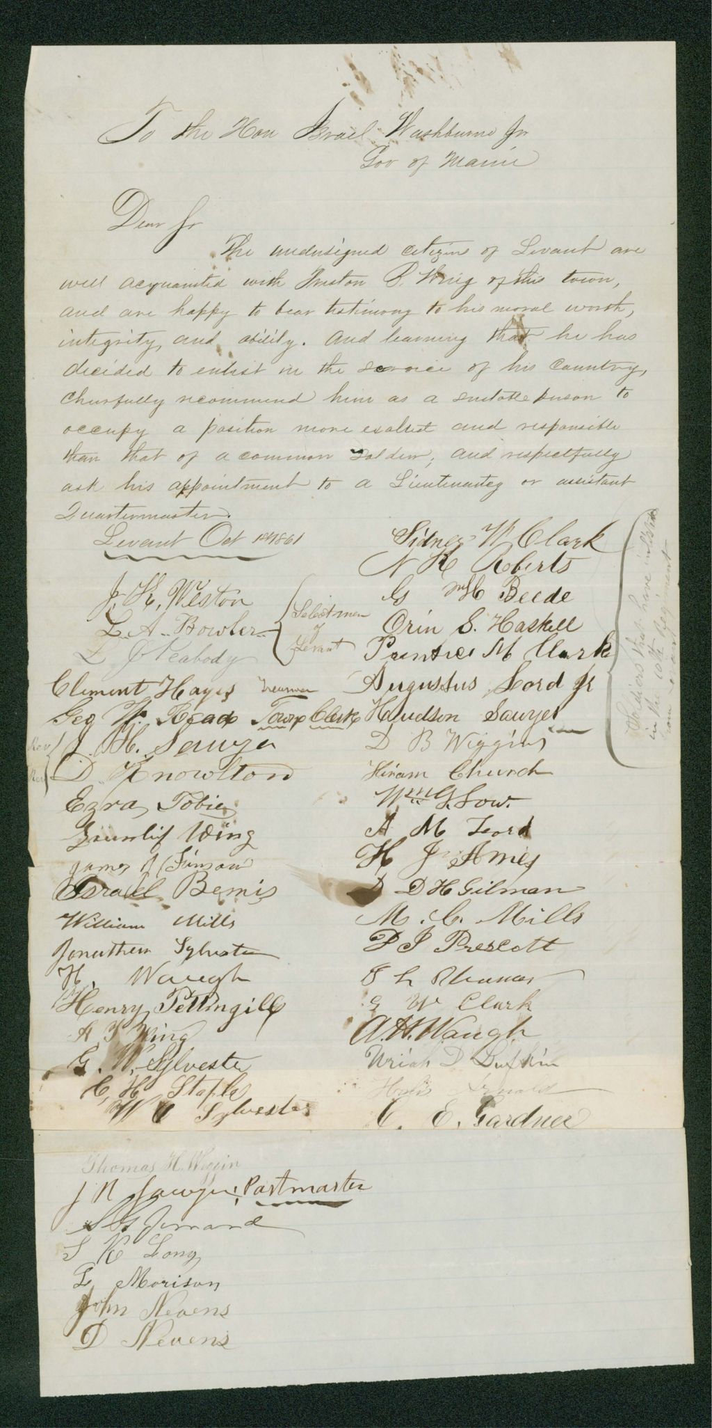 Miniature of Petition of J. Weston and citizens of Levant recommending Preston R. Wing for lieutenant