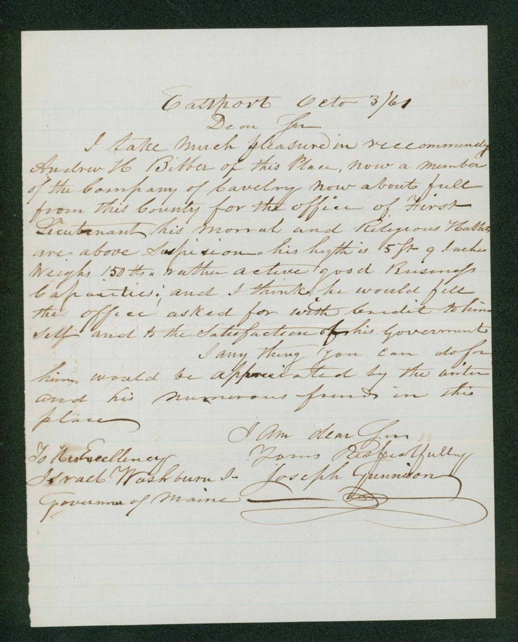 Miniature of Joseph Gunnison recommends Andrew H. Bibber for position as lieutenant