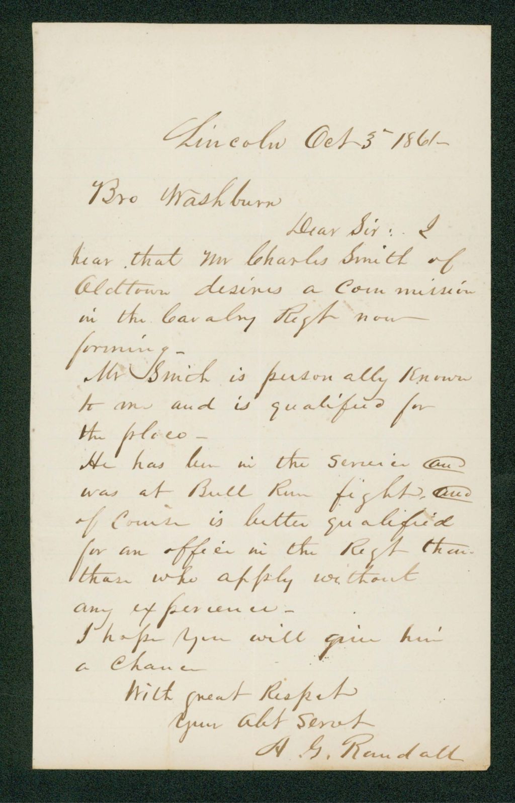 Miniature of A.G. Randall recommends Charles Smith for a commission