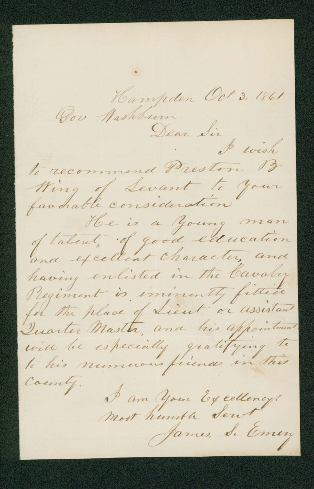 Miniature of James S. Emery recommends Preston B. Wing for commission