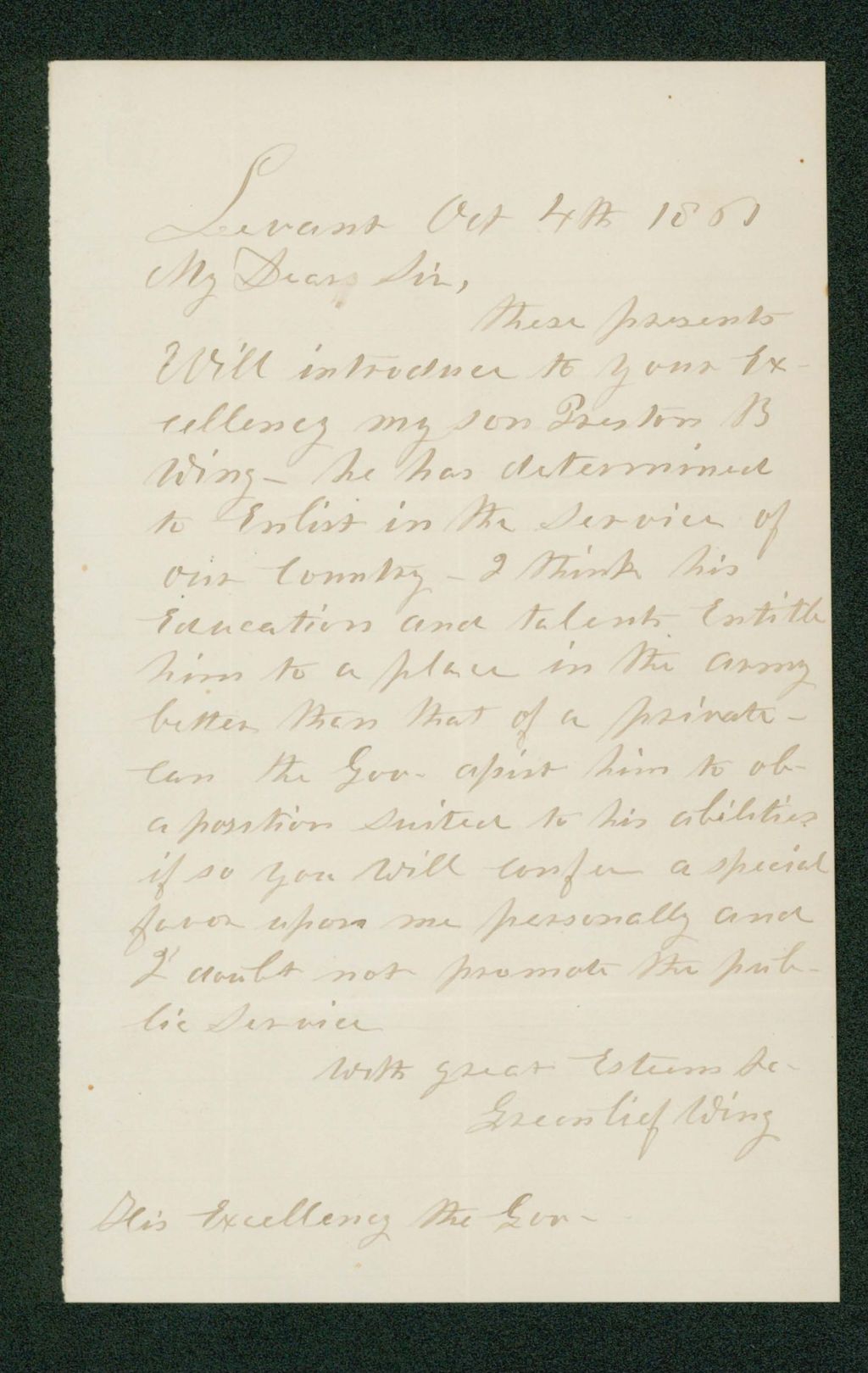 Miniature of Greenlief Wing requests a position for his son Preston "better than that of a private"