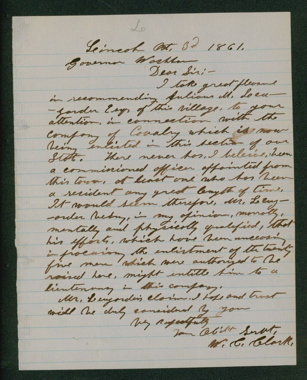 Miniature of W.C. Clark recommends Julius M. Leuzarder for a commission