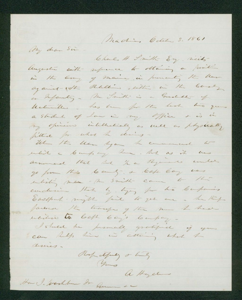 Miniature of A. Hayden recommends Charles A. Smith for a position in the cavalry