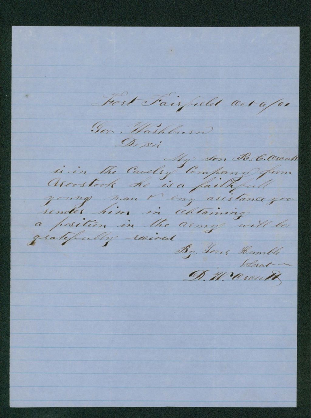Miniature of D.W. Orcutt requests a commission for his son R.E. Orcutt