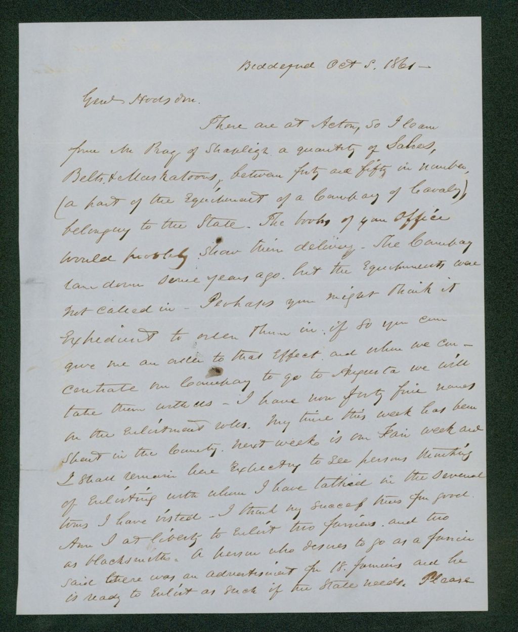 Miniature of Louis Cowan inquires about sashes, belts, and musketoons for the cavalry